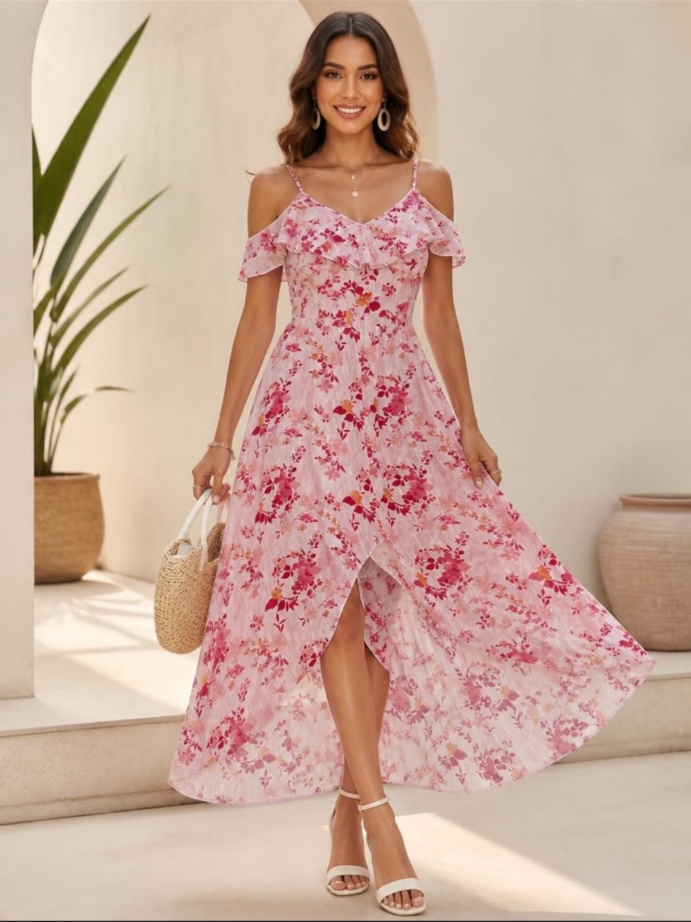 Rewind Pink Floral Cold-Shoulder Maxi Dress